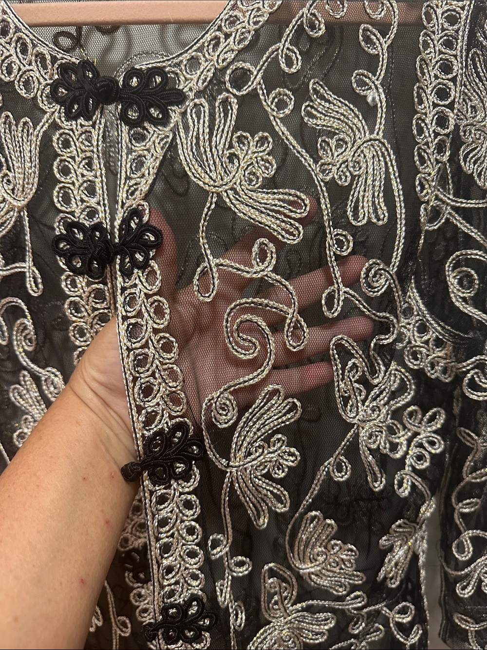 Embroidered Black Sheer Jacket with Ivory Stitching - Picture 3 of 5